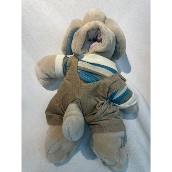 VTG Wrinkles Tan Dog Plush Toy With Brown Corduroy Overalls & Striped Shirt - Picture 4 of 6